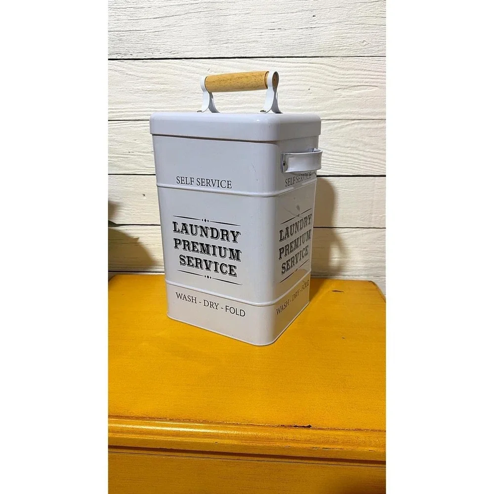 White Metal Laundry Room Storage Bin Farmhouse Decor Wood Handle Tin Canister